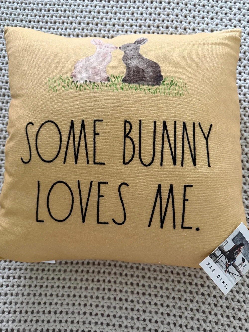 Rae Dunn Golden Yellow Pillow with Bunny Art and 'Some Bunny Loves Me' Text